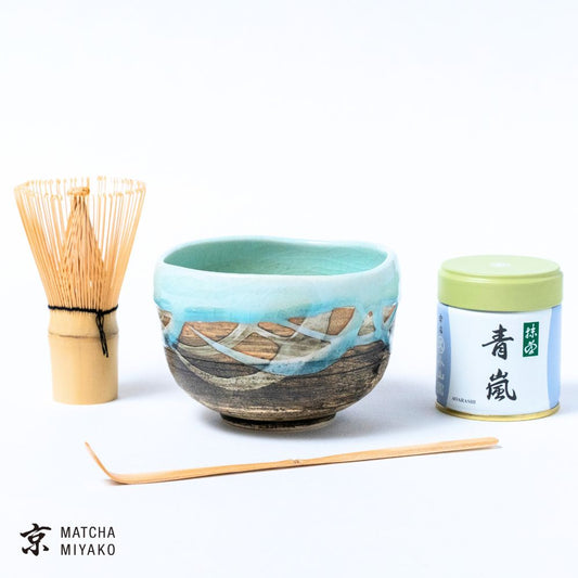 Japanese Matcha Tea Set - Blue flow glaze style