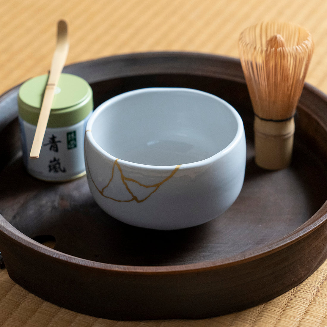 4 darabos japán tea szett - Tenmoku kintsugi fehér változat